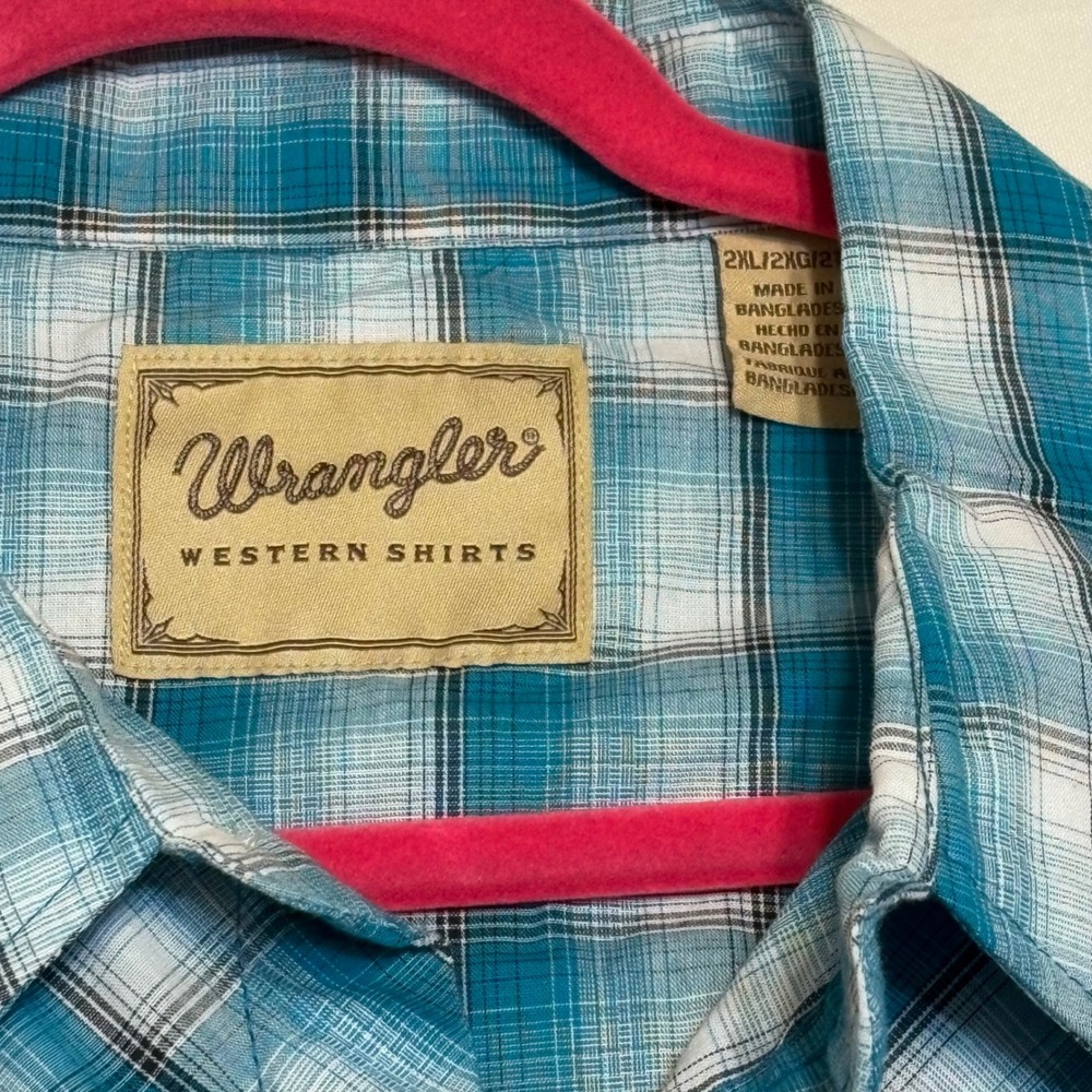 Wrangler Western Shirt Mens 2XL Big Teal Blue Plaid Pearl Snap Short Sleeve NEW - Picture 2 of 9
